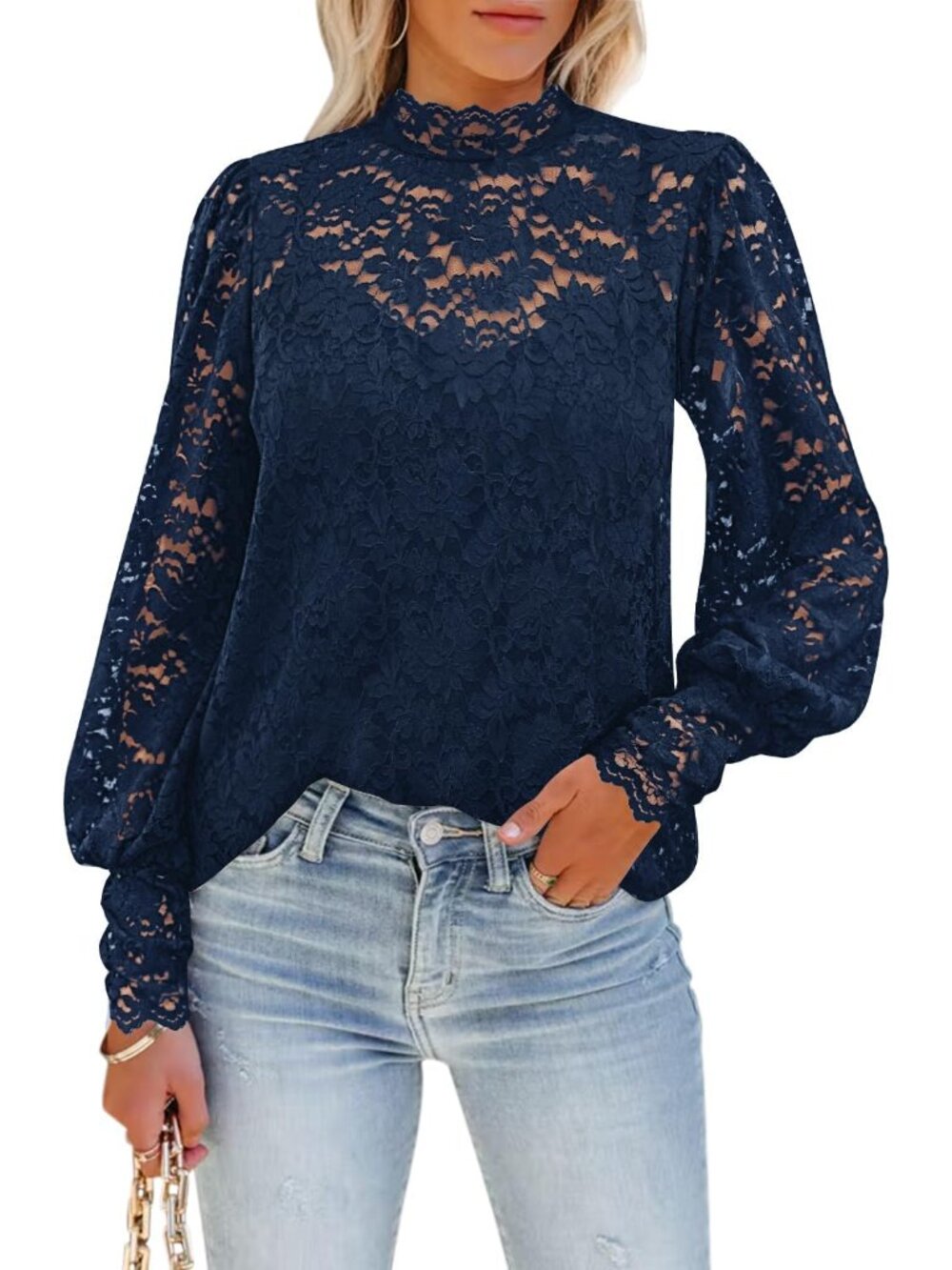 Women's Floral Lace Long Sleeve Tops Dressy Casual Mock Neck Blouse